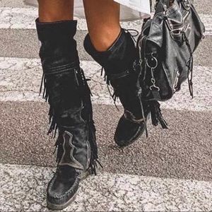 Black Thigh High Fringe Boots